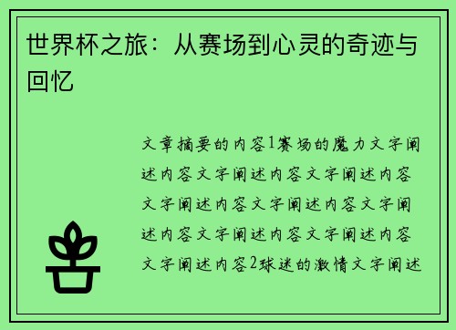 世界杯之旅：从赛场到心灵的奇迹与回忆